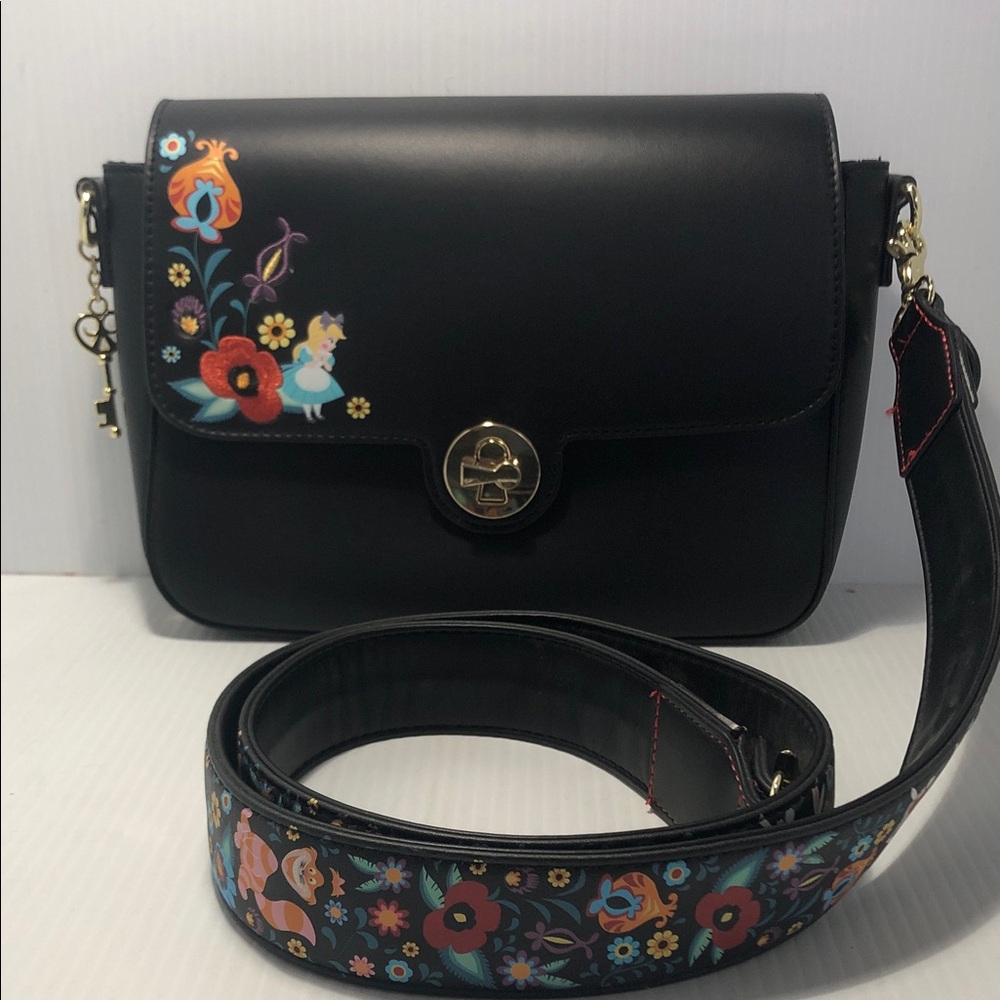 Loungefly Disney Alice In Wonderland Black Crossbody Bag with Floral Design